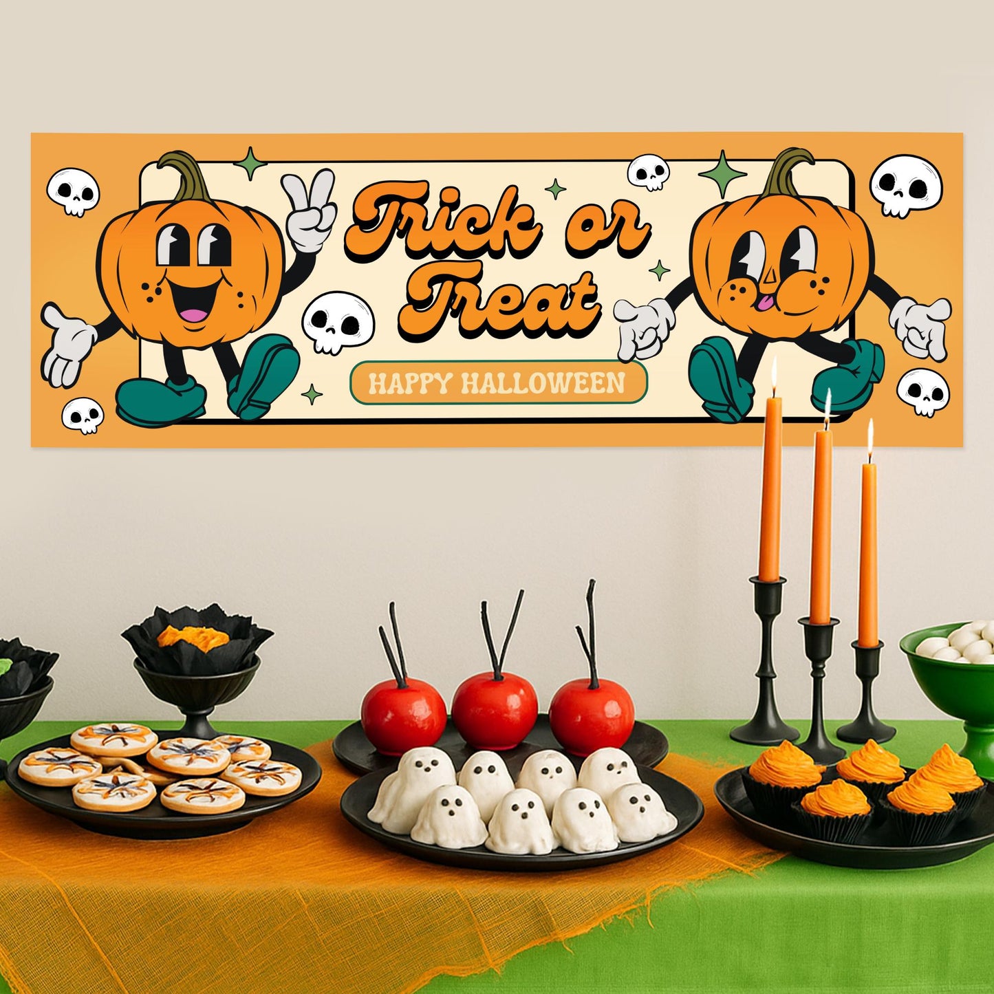 Halloween Trick or Treat Banner  Retro Pumpkin Design  Halloween Party Decoration   Photo Backdrop  Seasonal Decor  Trick or Treat Sign
