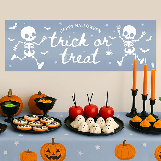 Halloween Trick or Treat Banner  Fun Skeletons  Kid Friendly Halloween Party Decoration   Photo Backdrop  Decor  Trick or Treat Sign