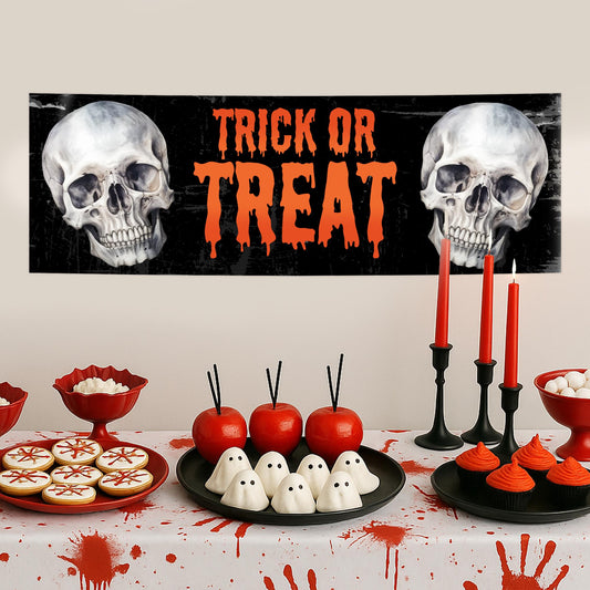 Halloween Trick or Treat Banner  Skull Design  Horror Halloween Party Decoration   Photo Backdrop  Seasonal Decor  Trick or Treat Sign