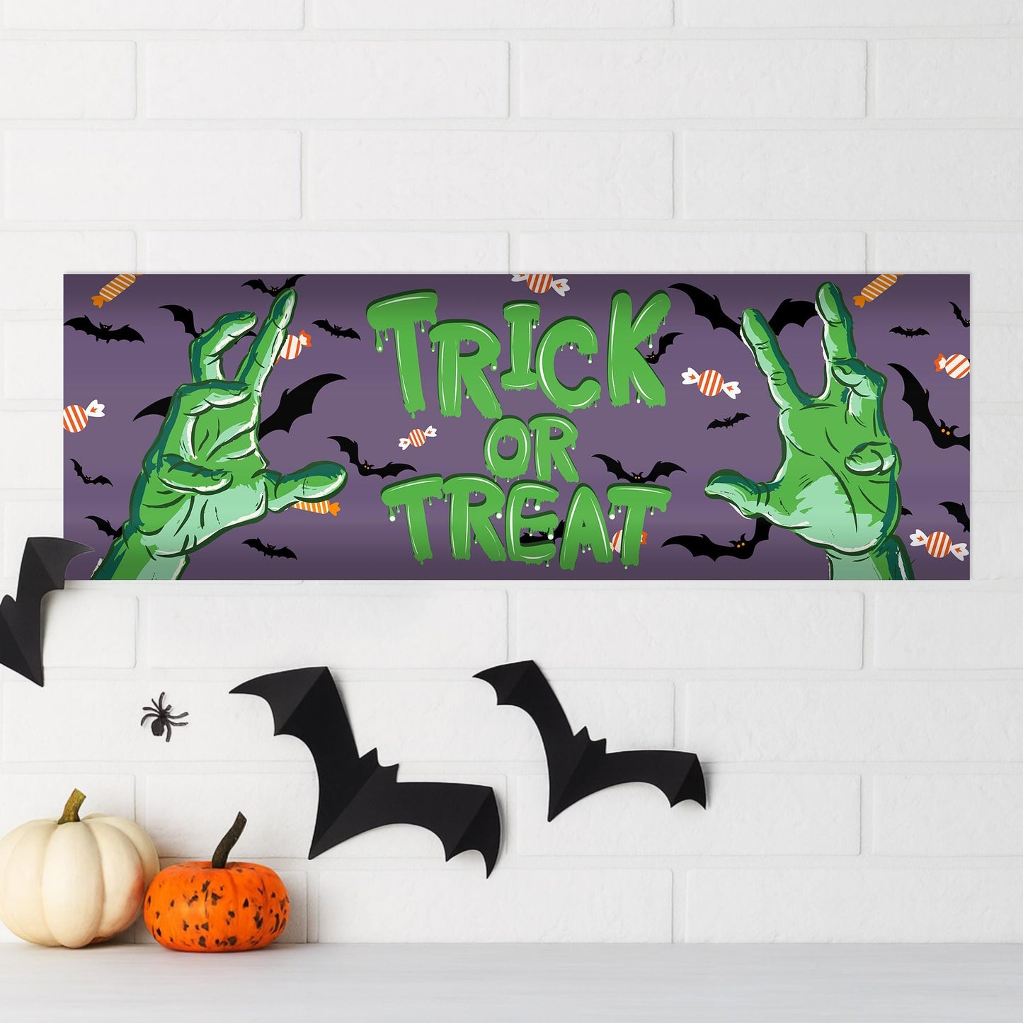 Halloween Trick or Treat Banner  Zombie Hands Design  Traditional Horror Themed Halloween Party Decoration  Seasonal Sign Decor