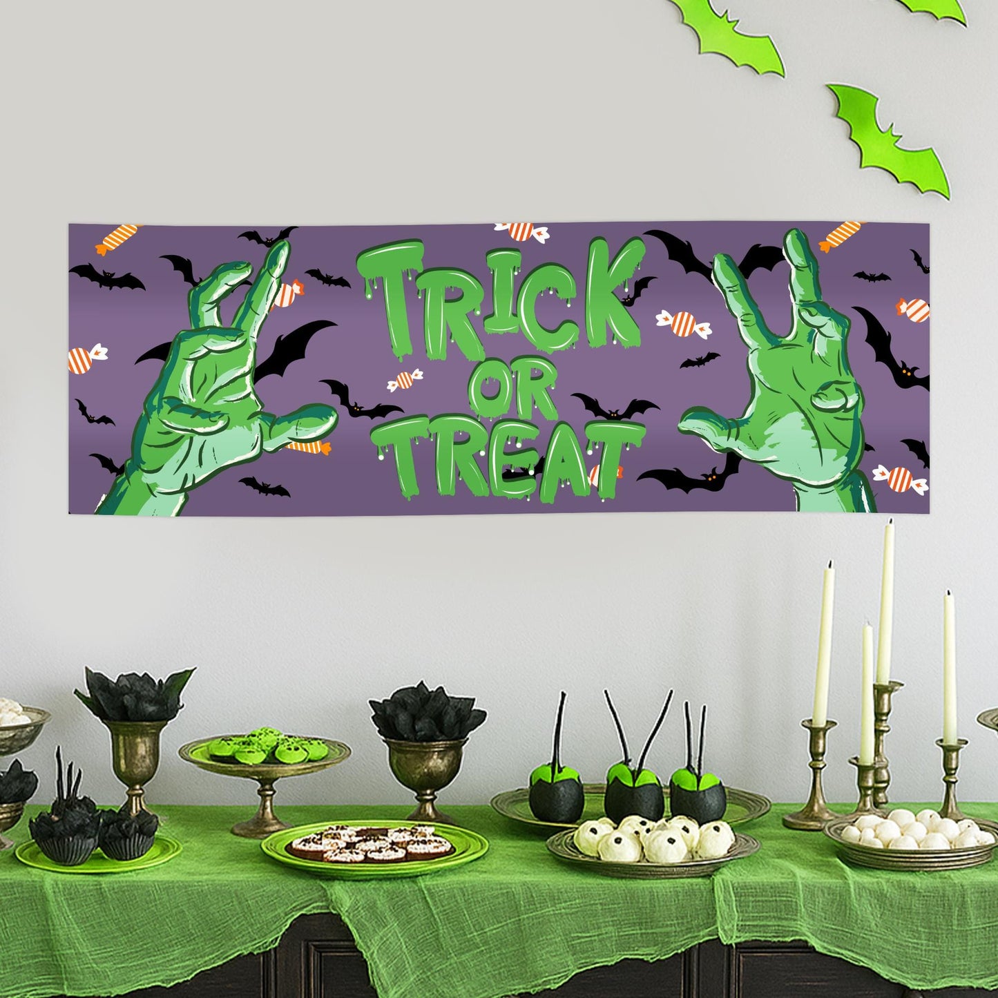 Halloween Trick or Treat Banner  Zombie Hands Design  Traditional Horror Themed Halloween Party Decoration  Seasonal Sign Decor