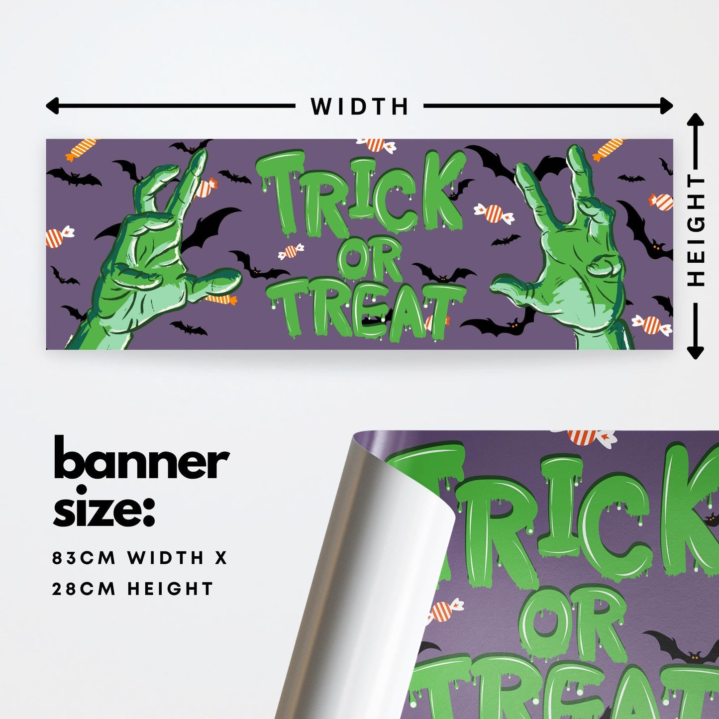Halloween Trick or Treat Banner  Zombie Hands Design  Traditional Horror Themed Halloween Party Decoration  Seasonal Sign Decor