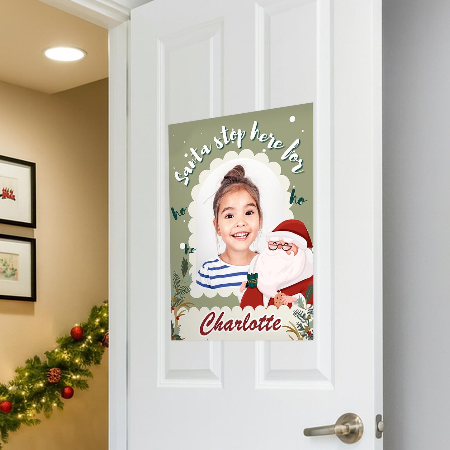 Personalised Santa Stop Here Photo Poster  Green Christmas Sign  Custom Name & Photo  Christmas Eve Decoration Keepsake for Kids