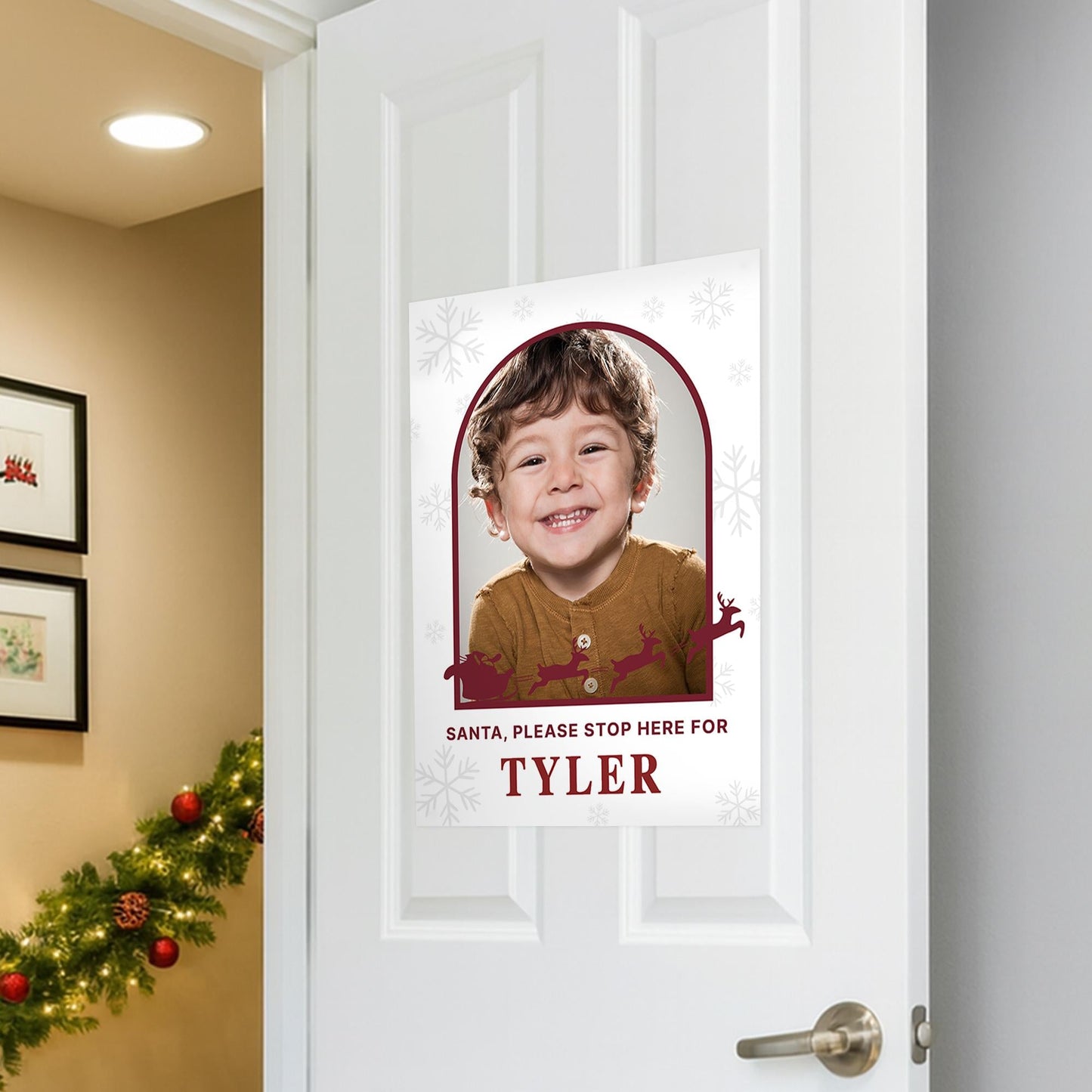 Personalised Santa Stop Here Photo Poster  Sleigh and Reindeer Xmas Sign  Custom Name & Photo  Christmas Eve Decoration Keepsake for Kids