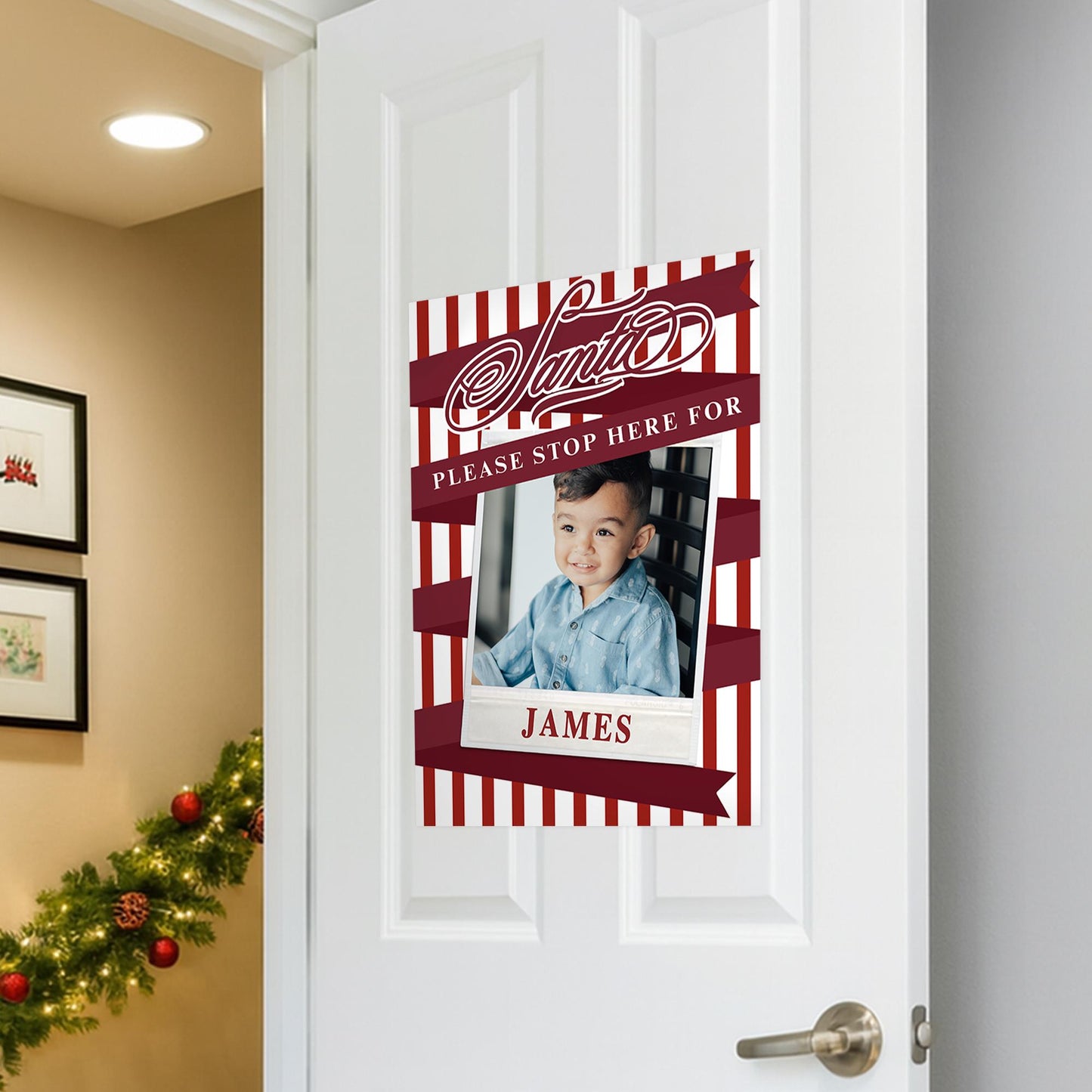 Personalised Santa Stop Here Photo Poster  Candy Cane Stripe Christmas Sign  Custom Name  Christmas Eve Decoration Keepsake for Kids