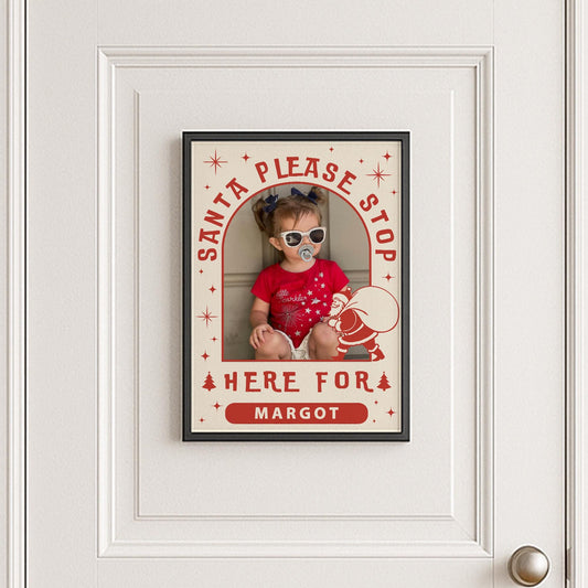 Personalised Santa Stop Here Photo Poster  Vintage Red Santa Christmas Sign  Custom Name  Christmas Eve Decoration Keepsake for Kids