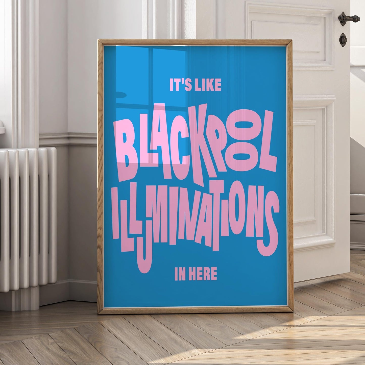 Blackpool Illuminations In Here - Jumbled Typography Wall Art  Funny Northern Quote Poster  Bold Pink & Blue  British Humour Home Decor