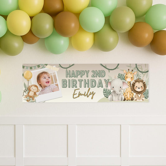 Personalised safari birthday banner  jungle animal theme with custom name & photo | neutral safari party decoration | animal decor for kids