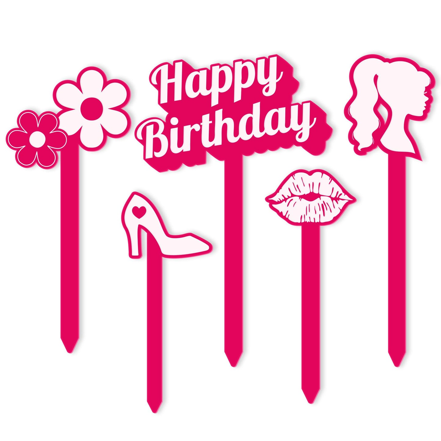 Birthday Cake Topper Set  Doll Themed: 5 Piece Pink Acrylic Cake Decoration Kit  for Girls, Kids and Fashion-Themed Birthday Party Decor