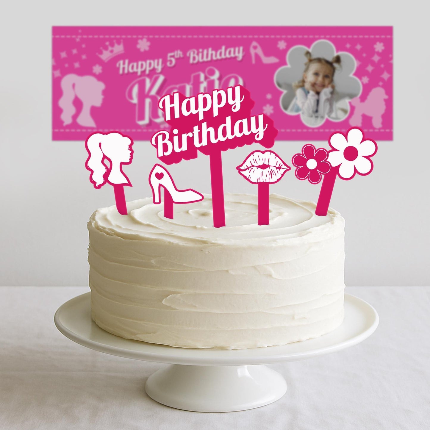 Birthday Cake Topper Set  Doll Themed: 5 Piece Pink Acrylic Cake Decoration Kit  for Girls, Kids and Fashion-Themed Birthday Party Decor