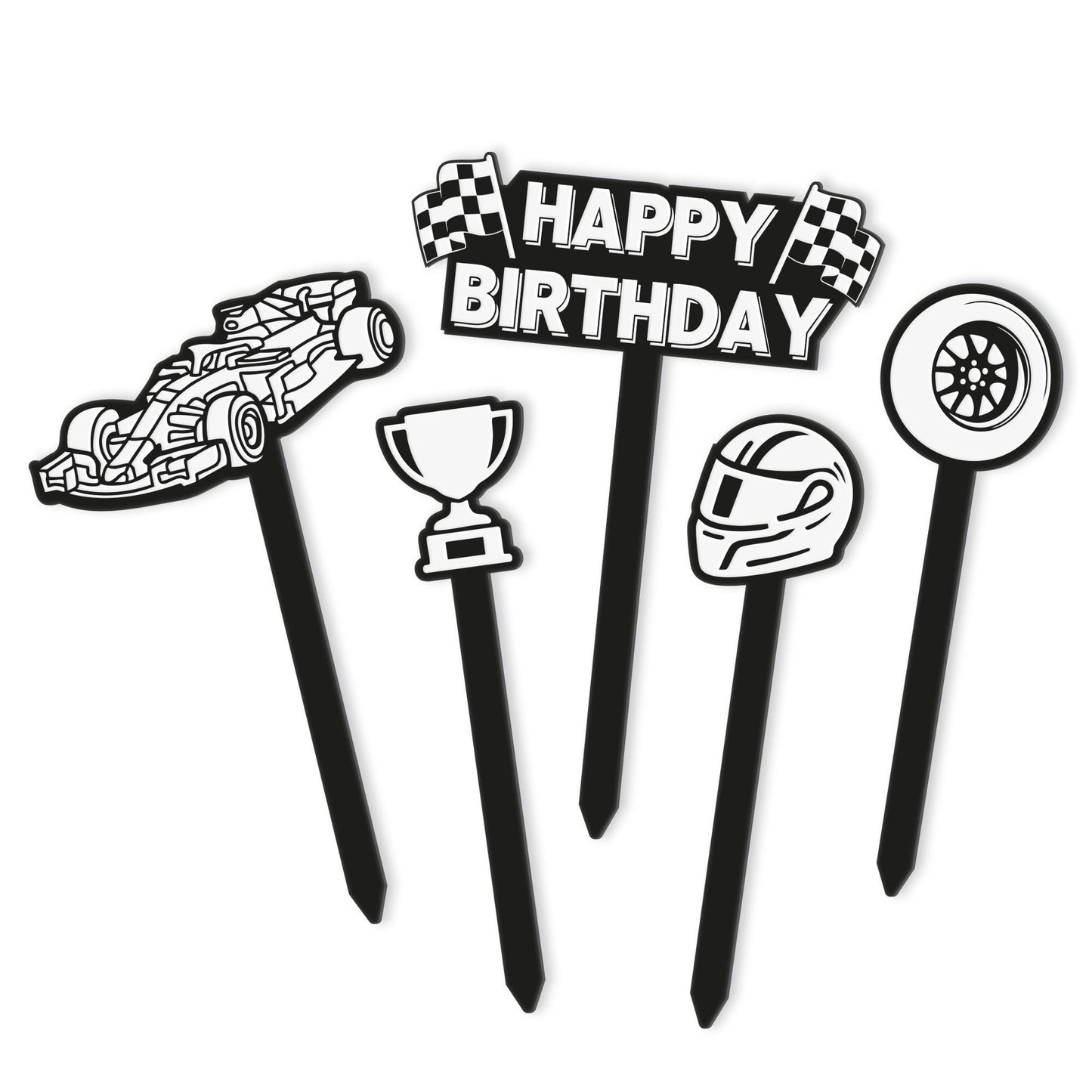 Birthday Cake Topper Set  Race Car Themed: 5 Piece Acrylic Cake Decoration Kit  Cool Birthday Party Decor  for Kids, Boys & Sports Fans