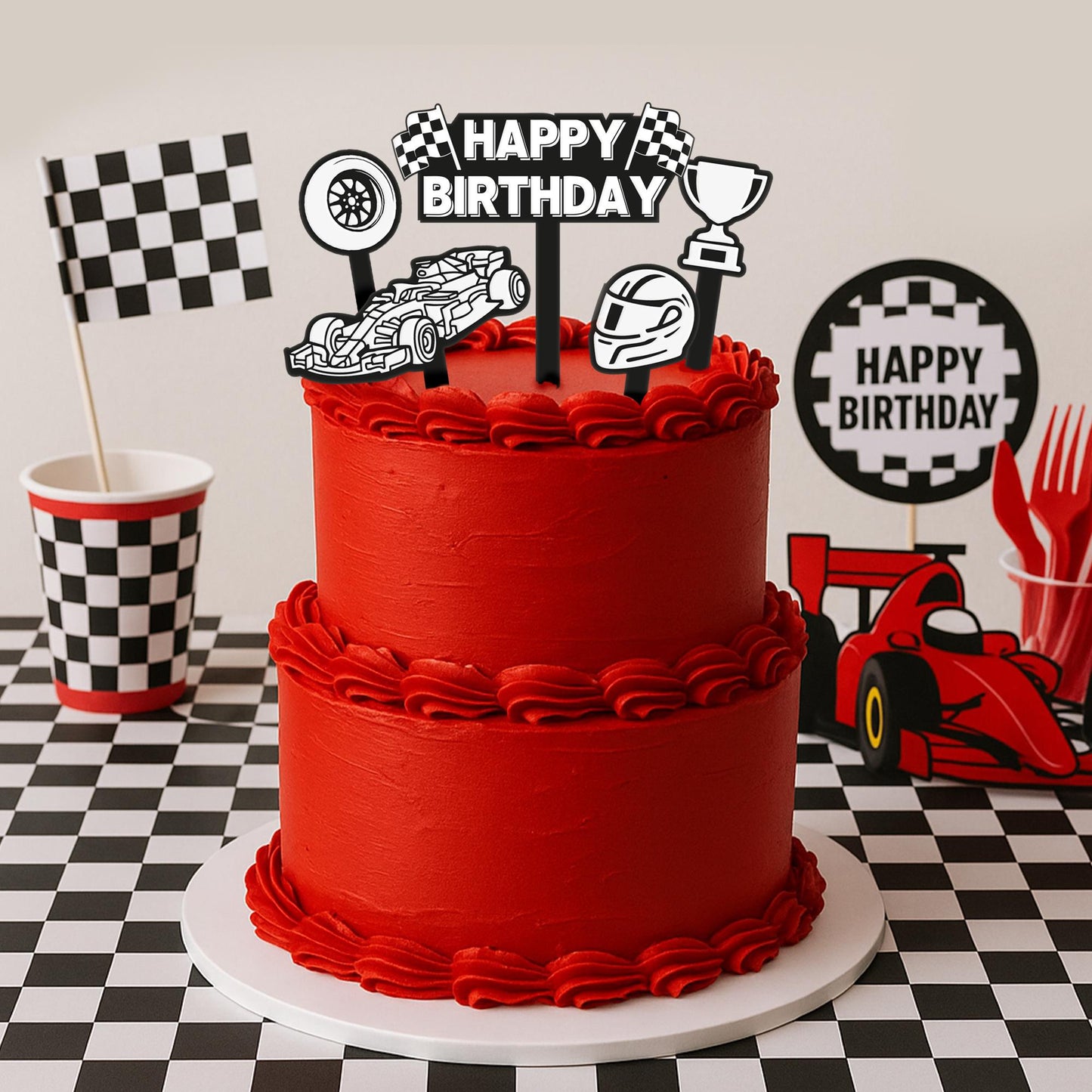Birthday Cake Topper Set  Race Car Themed: 5 Piece Acrylic Cake Decoration Kit  Cool Birthday Party Decor  for Kids, Boys & Sports Fans