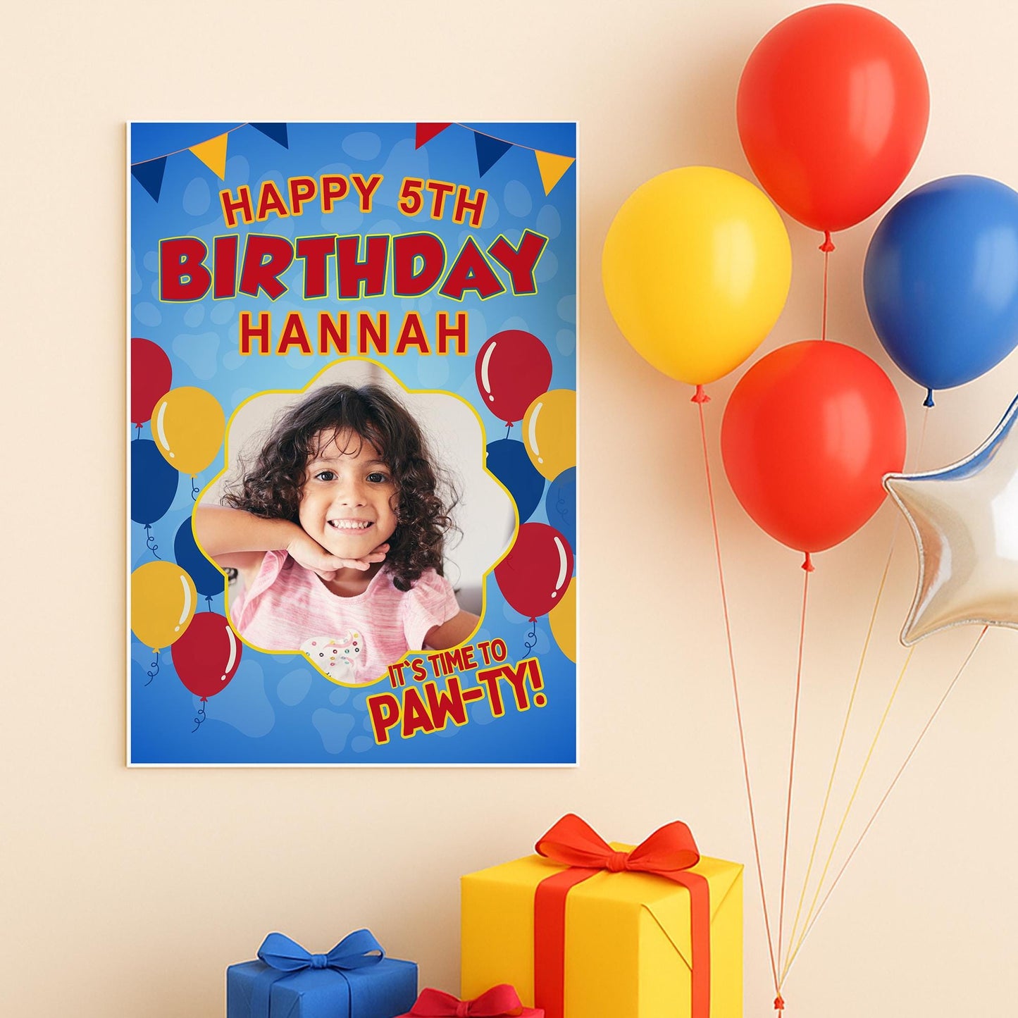 Personalised Paw-ty Birthday Banner: Custom Photo Poster with Name & Age  Cartoon-Inspired Decoration  Pet Patrol Party Decor for Kids