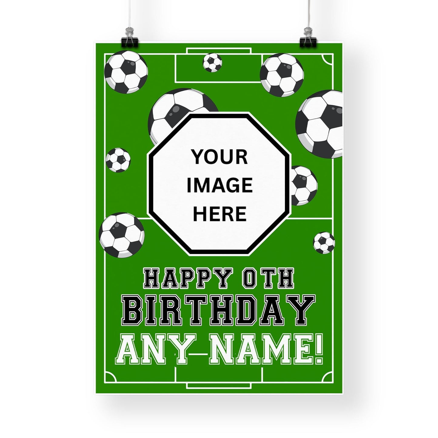 Personalised Football Birthday Banner: Custom Photo Poster with Name & Age  Pitch Design  Sports Themed Party Decor for Boys  A3 or A2