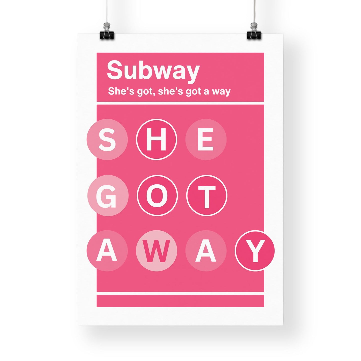 Lyric-Inspired "She Got Away" Pink Subway Art Print | Modern Music Poster with Bold Typography | Fun Wall Art | Home Decor