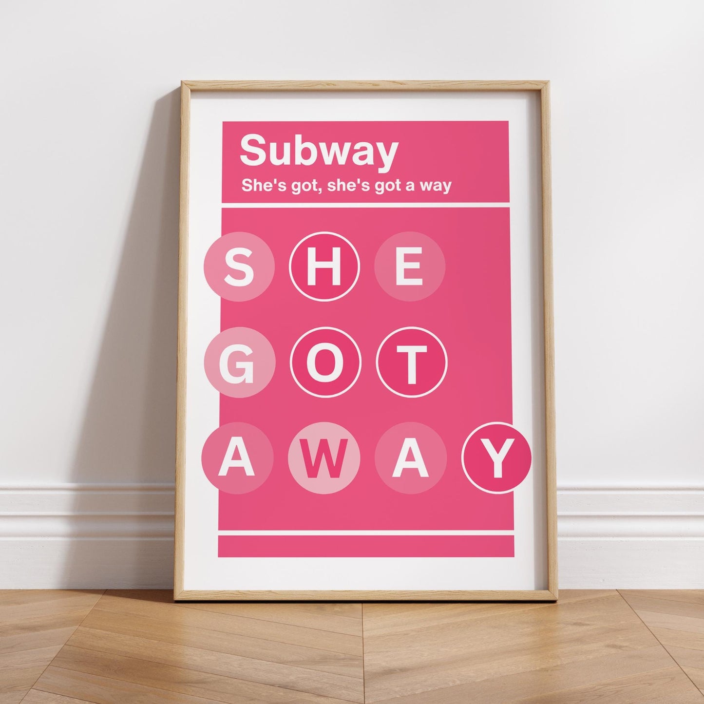 Lyric-Inspired "She Got Away" Pink Subway Art Print | Modern Music Poster with Bold Typography | Fun Wall Art | Home Decor