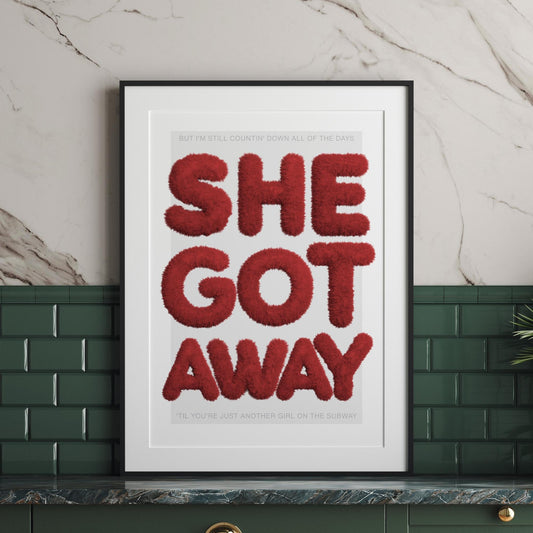 Lyric-Inspired "She Got Away" Red Hair Textured Art Print | Bold Typography Music Poster  | Modern Wall Art | Home Decor