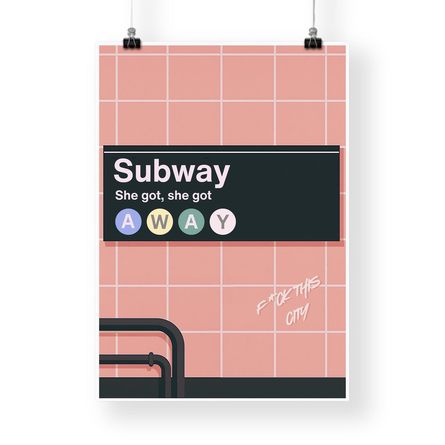 Lyric-Inspired "She Got Away" Subway Station Art Print | Modern Music Poster with Bold Typography | Urban Wall Art | Pink Home Decor