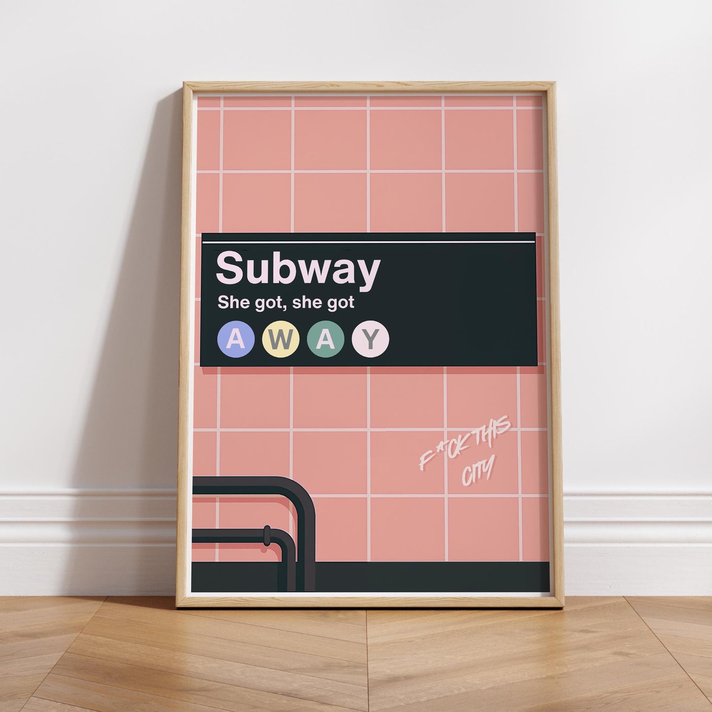 Lyric-Inspired "She Got Away" Subway Station Art Print | Modern Music Poster with Bold Typography | Urban Wall Art | Pink Home Decor