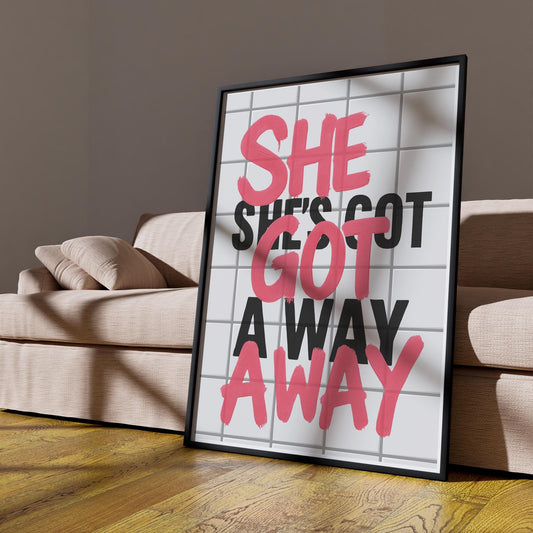 Lyric-Inspired "She Got Away" Tile Wall Art Print | Bold Typography Music Poster with Pink Graffiti-Style Text | Urban Wall Art | Home Decor