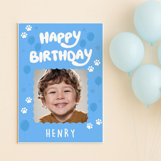Personalised Blue Dog-Themed Birthday Banner: Custom Photo Poster with Name  TV Show-Inspired Banner  Birthday Party decor for Young Kids