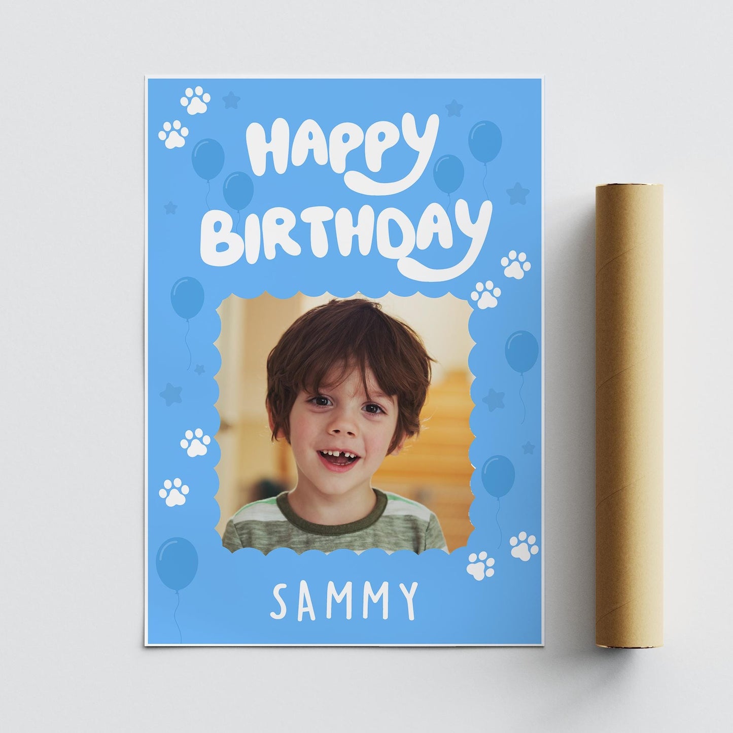 Personalised Blue Dog-Themed Birthday Banner: Custom Photo Poster with Name  TV Show-Inspired Banner  Birthday Party decor for Young Kids