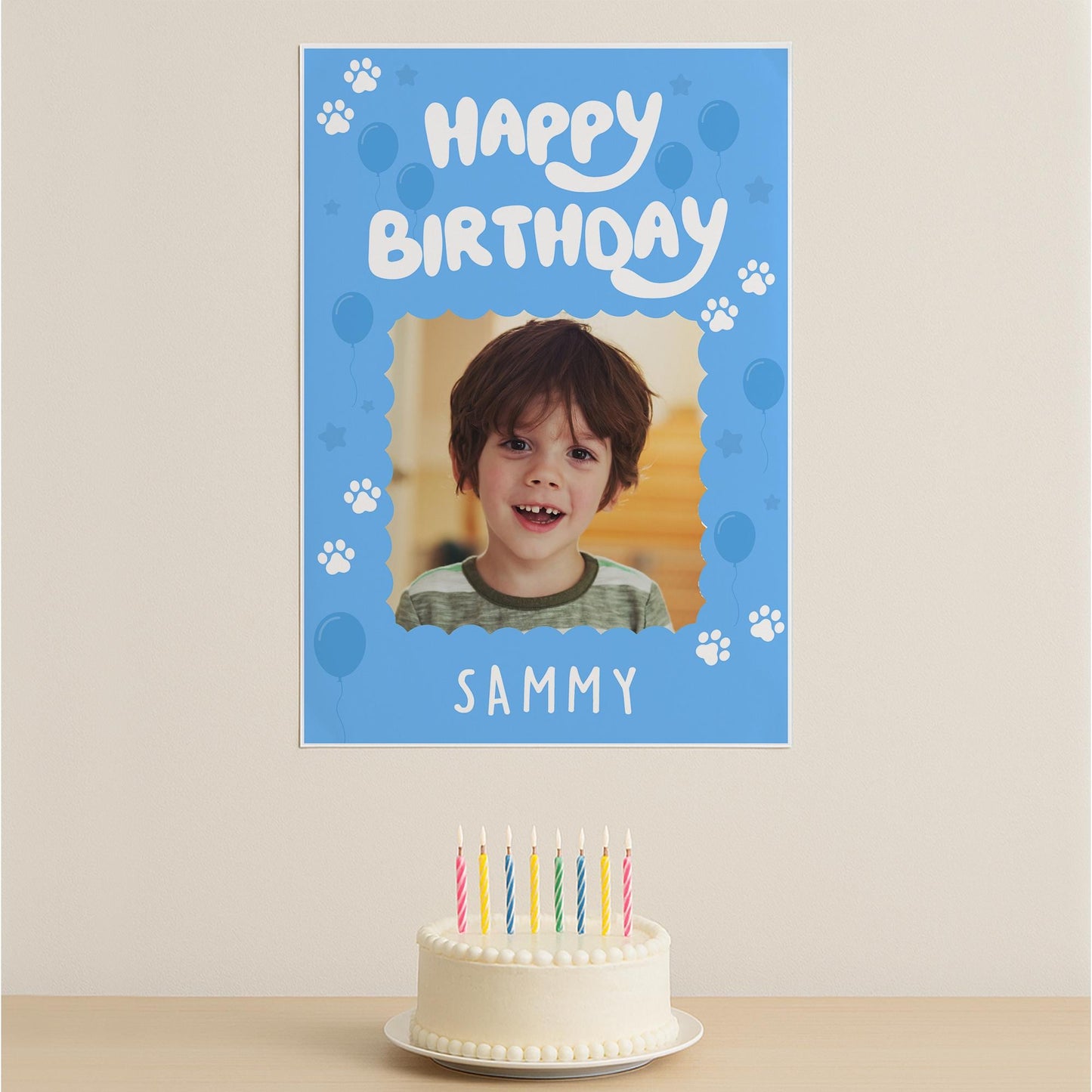 Personalised Blue Dog-Themed Birthday Banner: Custom Photo Poster with Name  TV Show-Inspired Banner  Birthday Party decor for Young Kids