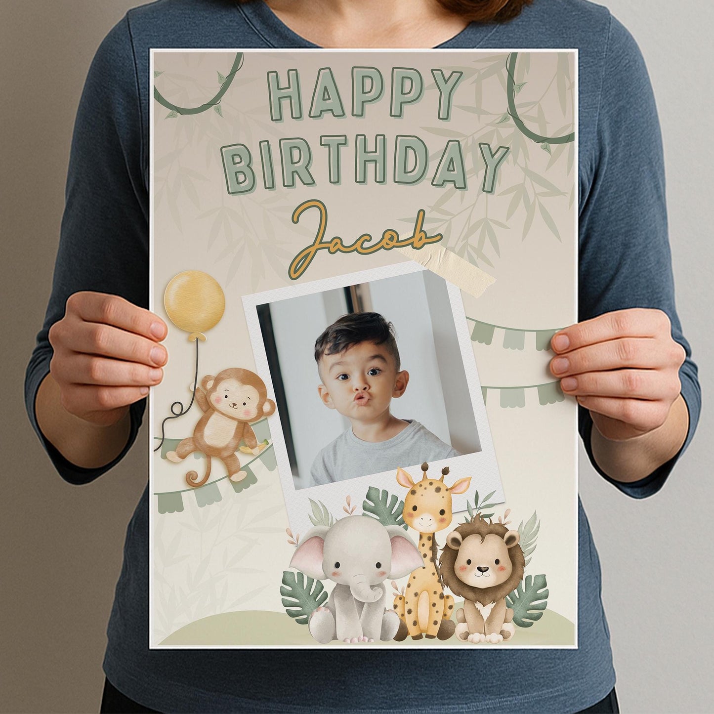 Personalised Safari Jungle Birthday Banner  Custom Photo Poster with Name  Cute Animal Theme  A3 or A2 Gloss Print