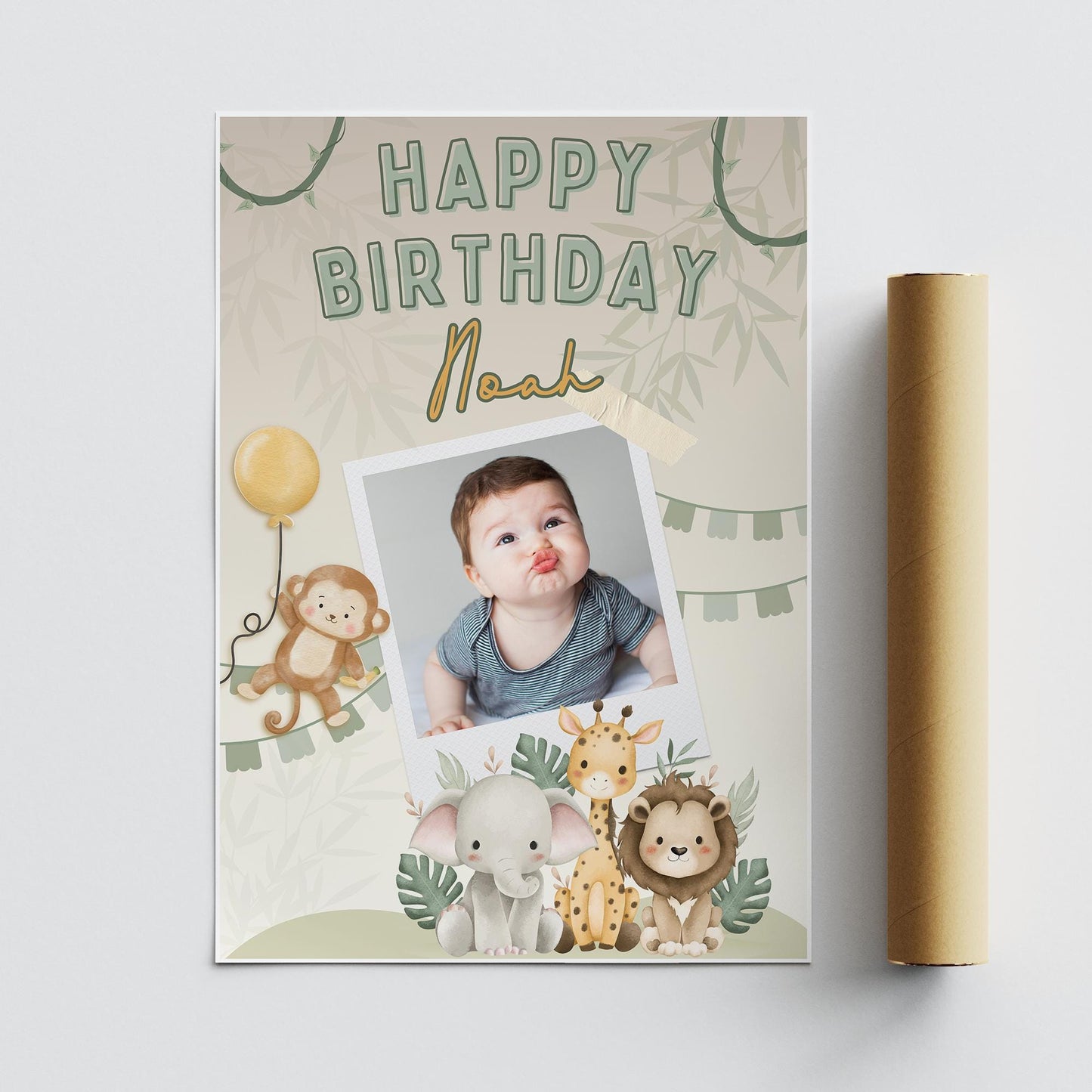 Personalised Safari Jungle Birthday Banner  Custom Photo Poster with Name  Cute Animal Theme  A3 or A2 Gloss Print