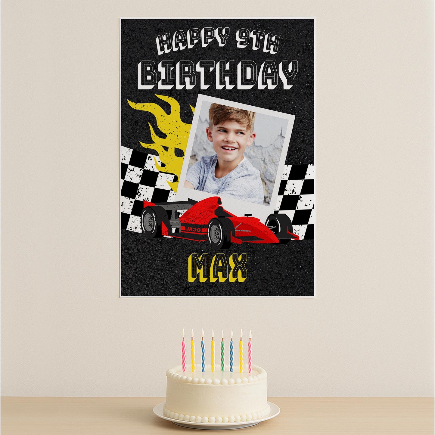 Personalised Race Car Birthday Banner  Custom Photo Poster with Name  Checkered Flag & Flames  F1 Theme  A3 or A2 Gloss Print