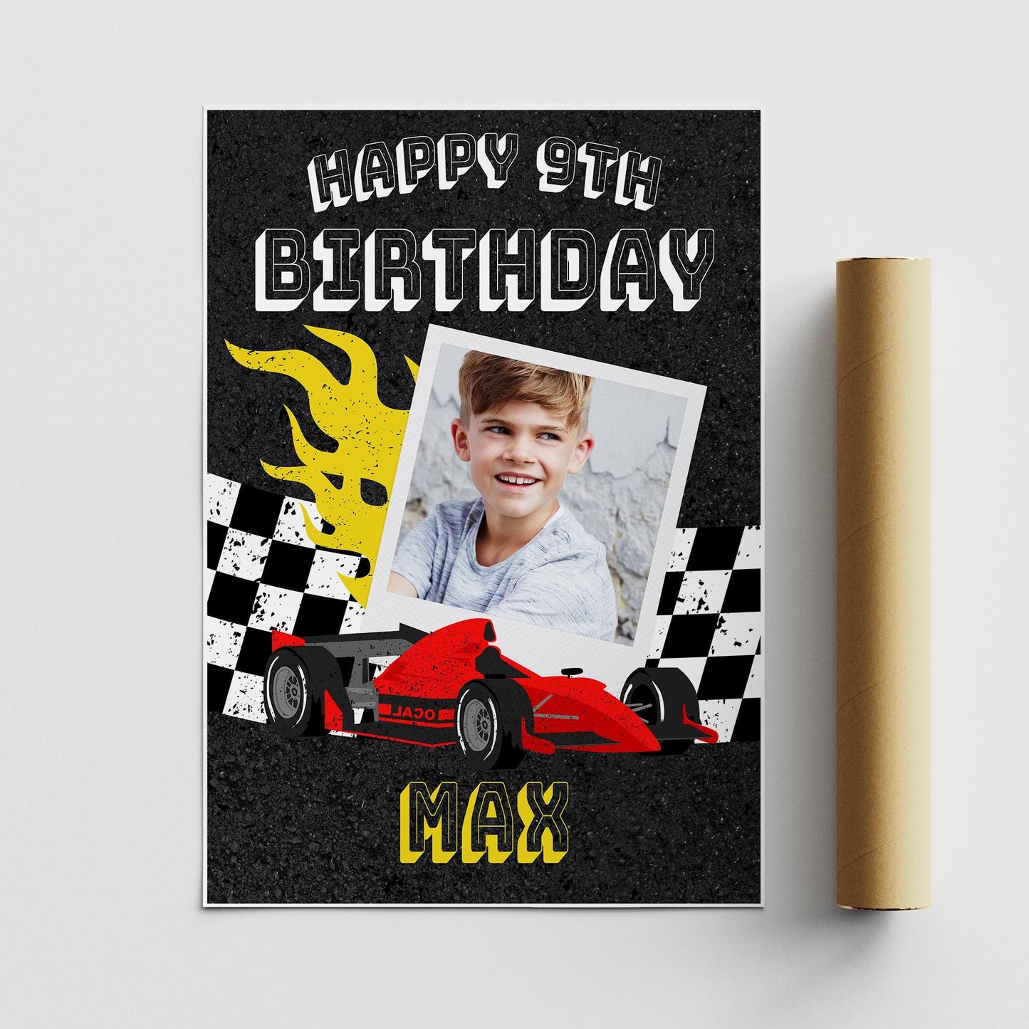 Personalised Race Car Birthday Banner  Custom Photo Poster with Name  Checkered Flag & Flames  F1 Theme  A3 or A2 Gloss Print