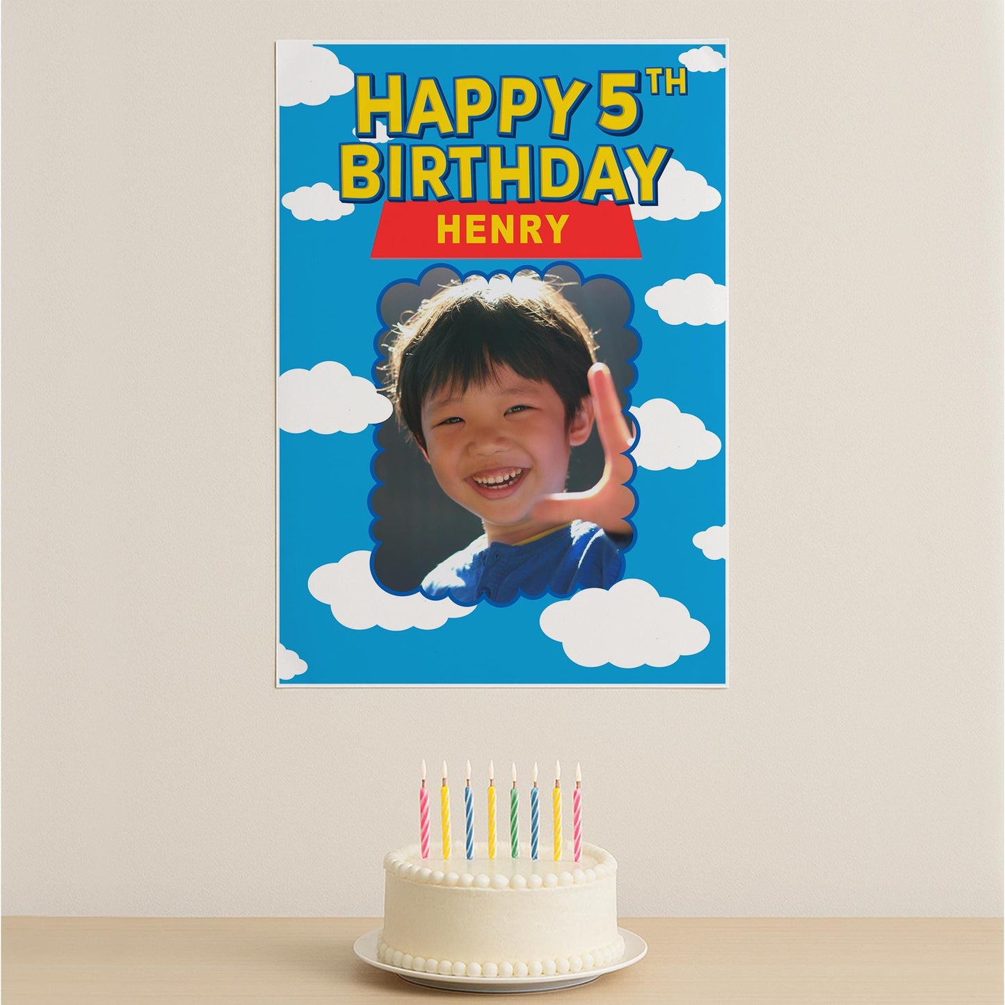 Personalised Toy Land-Inspired Birthday Banner  Custom Photo Poster with Name  Cloud & Sky Cartoon Theme  A3 or A2 Gloss Paper