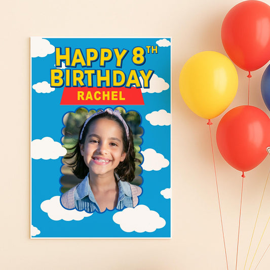 Personalised Toy Land-Inspired Birthday Banner  Custom Photo Poster with Name  Cloud & Sky Cartoon Theme  A3 or A2 Gloss Paper