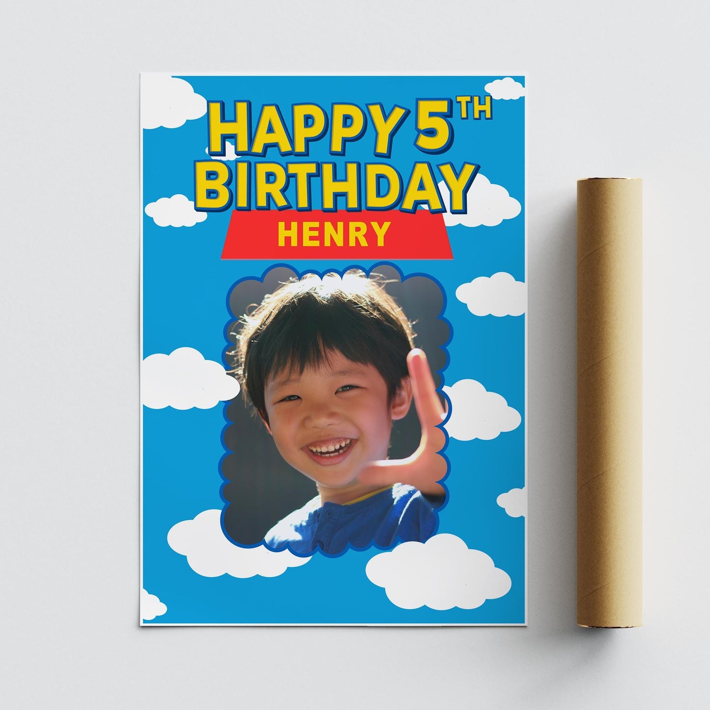 Personalised Toy Land-Inspired Birthday Banner  Custom Photo Poster with Name  Cloud & Sky Cartoon Theme  A3 or A2 Gloss Paper