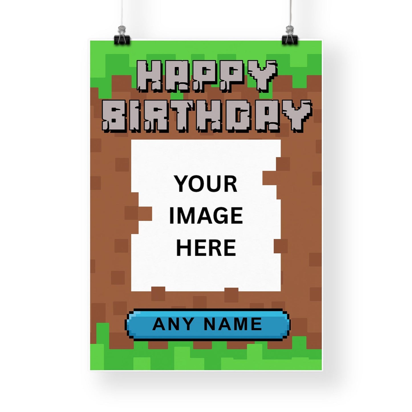 Personalised Block Game-Inspired Birthday Banner  Custom Photo Poster with Name  Pixel Style Design  Gamer Party Decor  A3 or A2