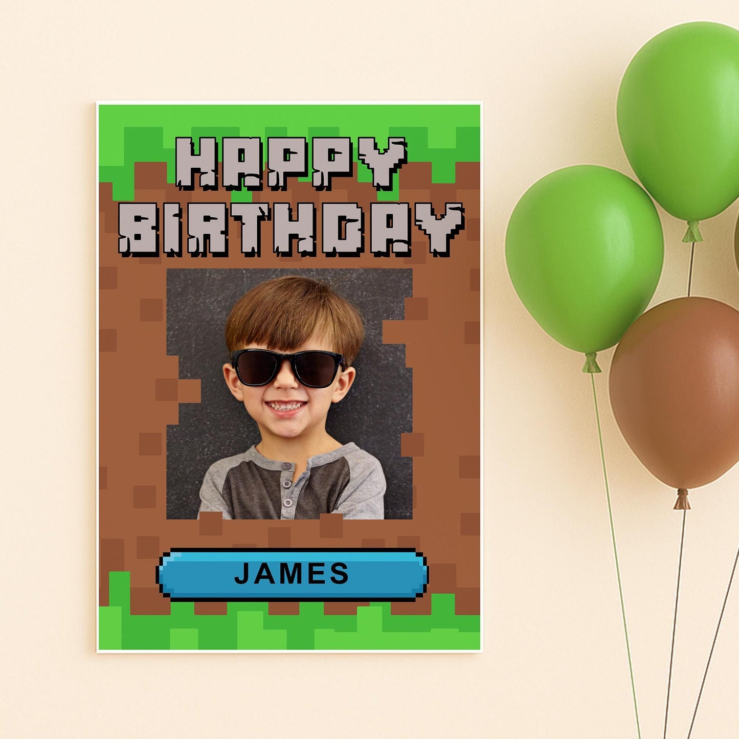 Personalised Block Game-Inspired Birthday Banner  Custom Photo Poster with Name  Pixel Style Design  Gamer Party Decor  A3 or A2