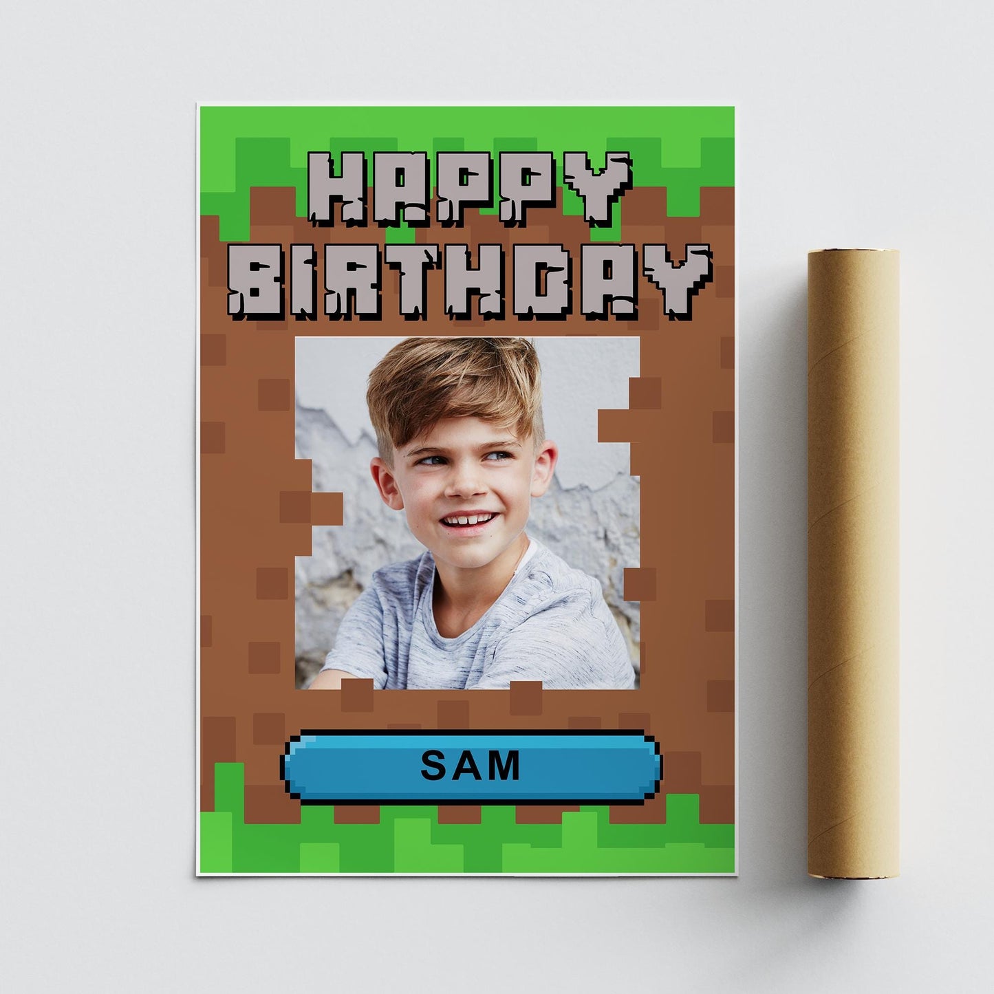 Personalised Block Game-Inspired Birthday Banner  Custom Photo Poster with Name  Pixel Style Design  Gamer Party Decor  A3 or A2