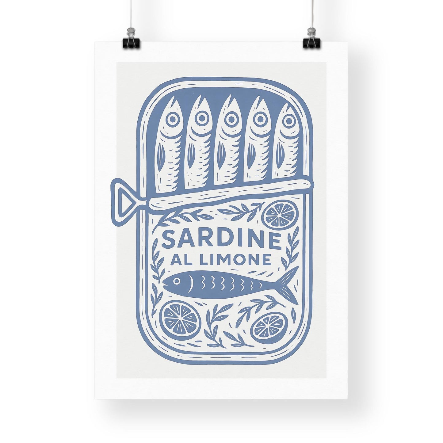 Sardine Tin - Classic Print: Sardine al Limone Poster  Blue Vintage Illustration Kitchen Wall Art  Retro Mediterranean Aesthetic