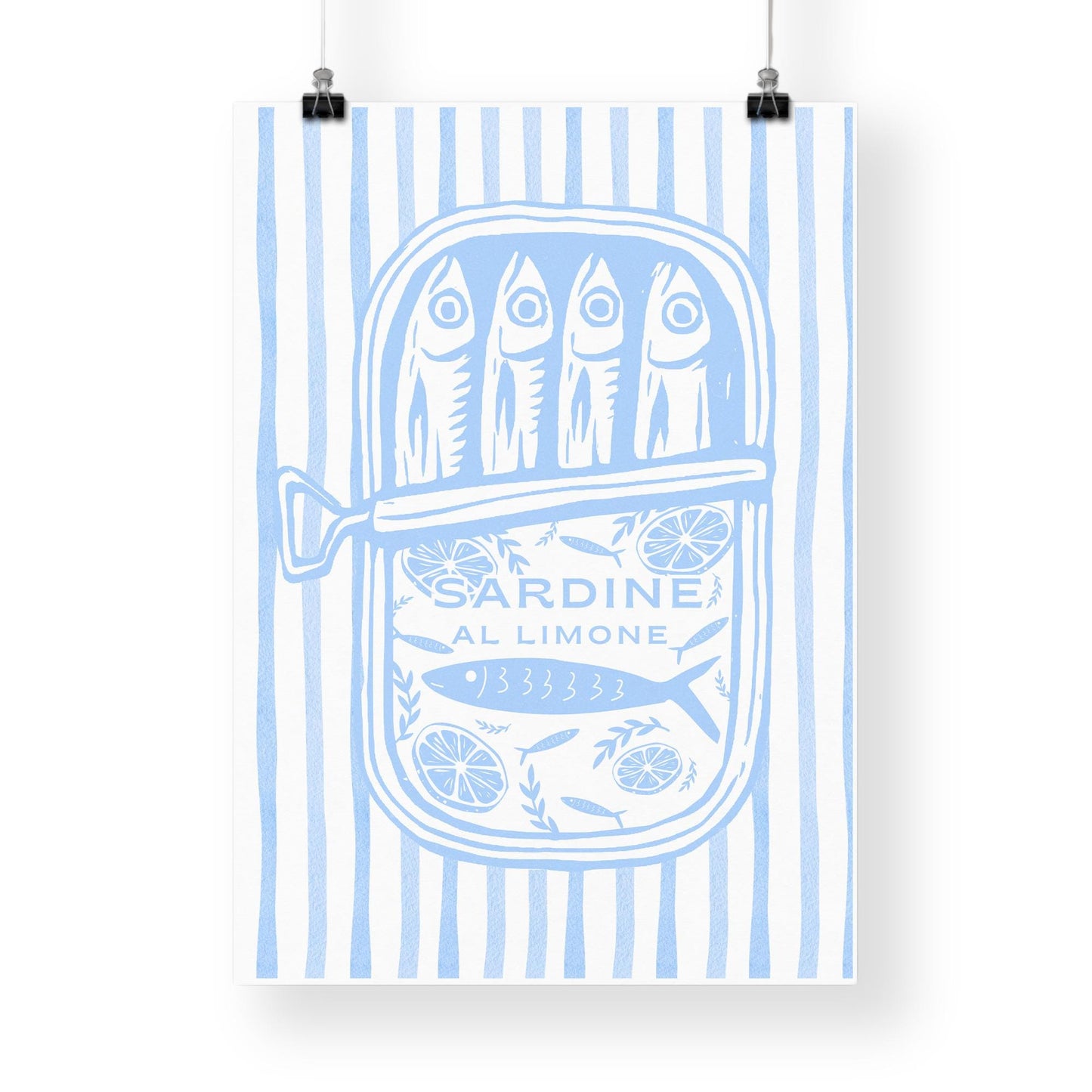 Sardine Tin - Stripes Print  Soft Blue Striped Sardine Tin Art  Coastal Aesthetic Kitchen Decor  Mediterranean Illustration Poster