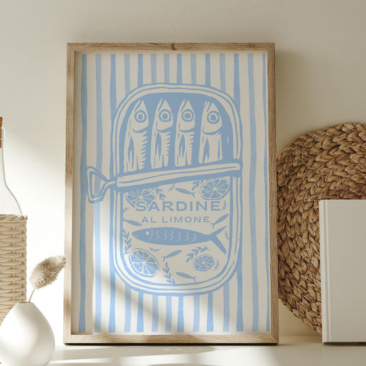 Sardine Tin - Stripes Print  Soft Blue Striped Sardine Tin Art  Coastal Aesthetic Kitchen Decor  Mediterranean Illustration Poster