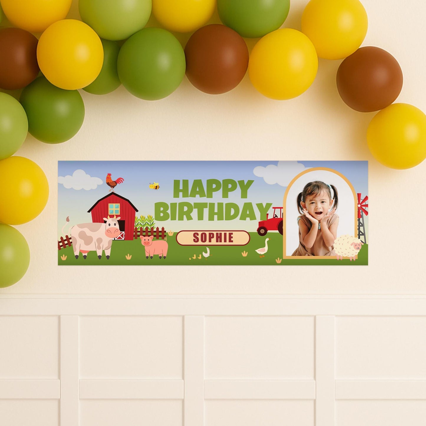 Personalised Farm Birthday Banner with Photo & Name  Kids Birthday Party Decoration | Farm Animals | Barnyard Theme | Party Decor for Kids