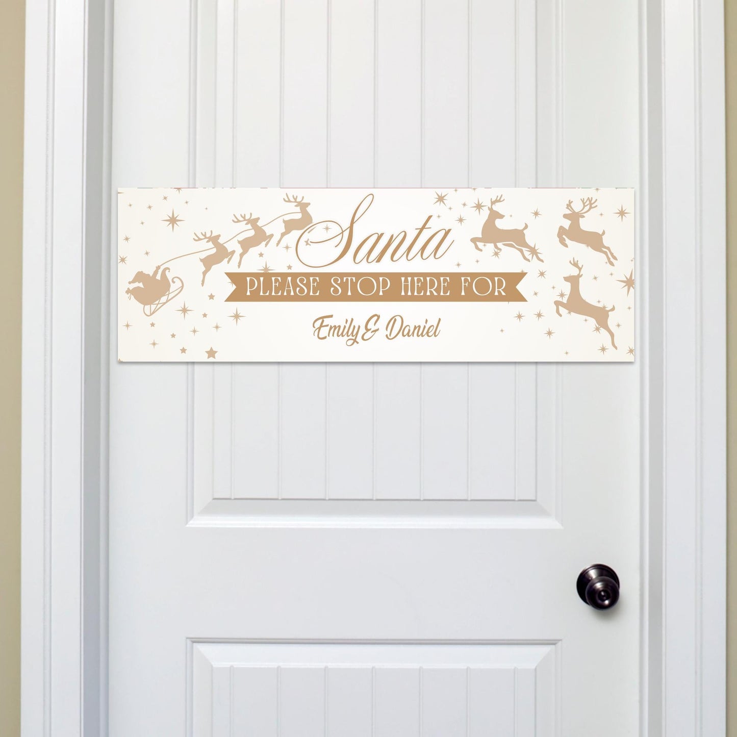 Personalised Santa Stop Here Banner  Gold Reindeer Design  Custom Christmas Decoration for Kids  Up to 3 Names  Unique Xmas Gift