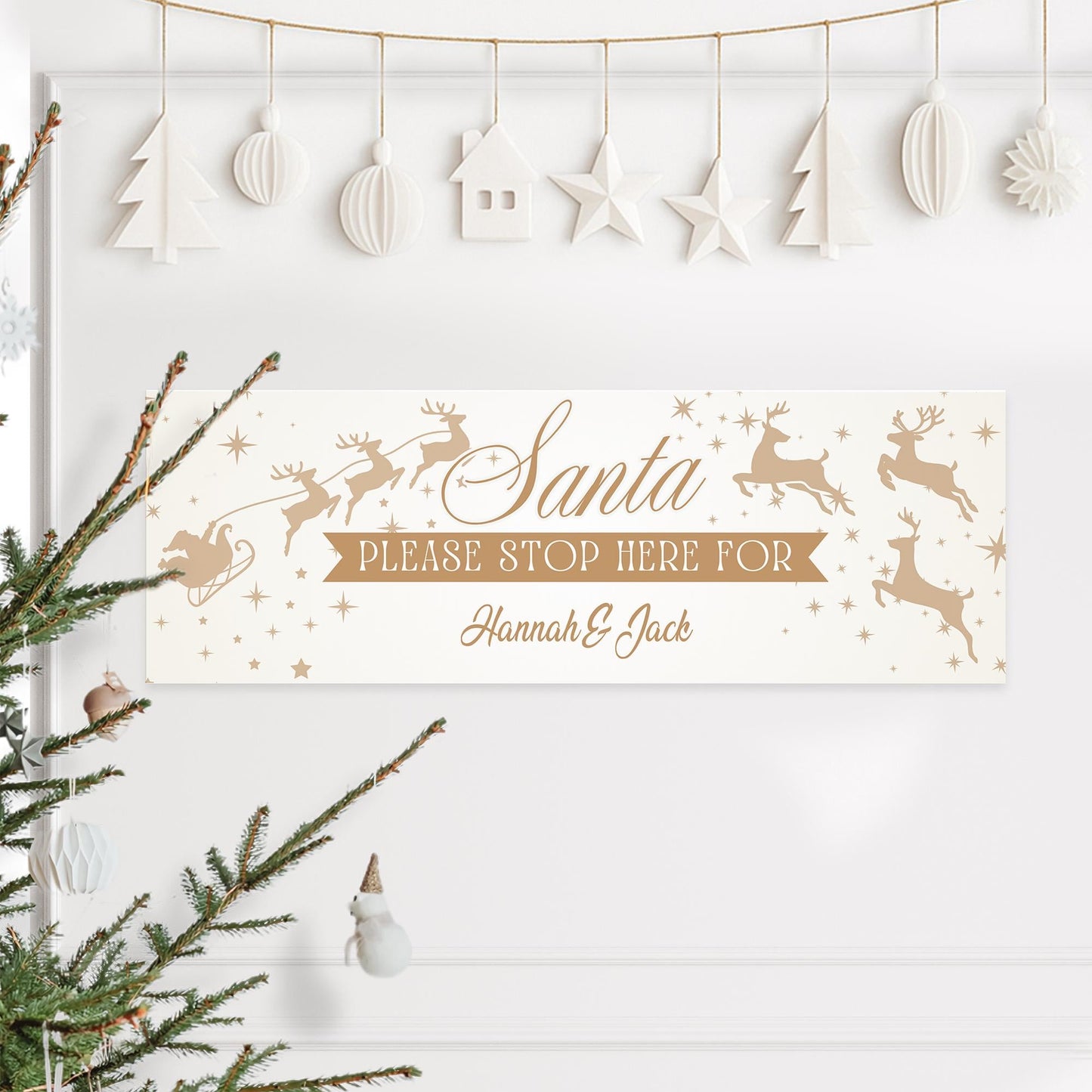Personalised Santa Stop Here Banner  Gold Reindeer Design  Custom Christmas Decoration for Kids  Up to 3 Names  Unique Xmas Gift