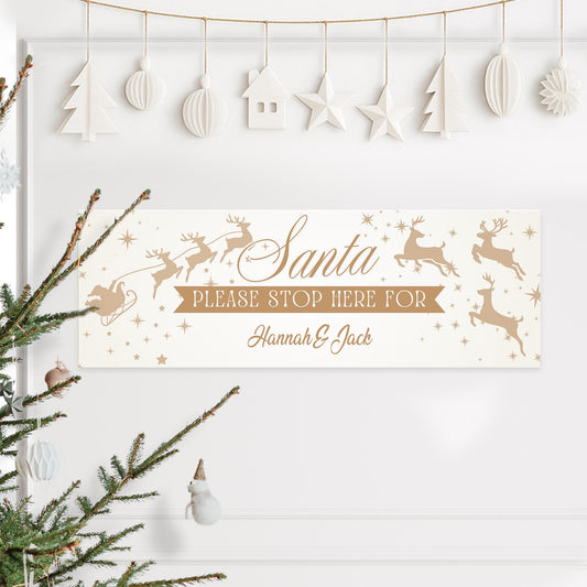 Personalised Santa Stop Here Banner  Gold Reindeer Design  Custom Christmas Decoration for Kids  Up to 3 Names  Unique Xmas Gift