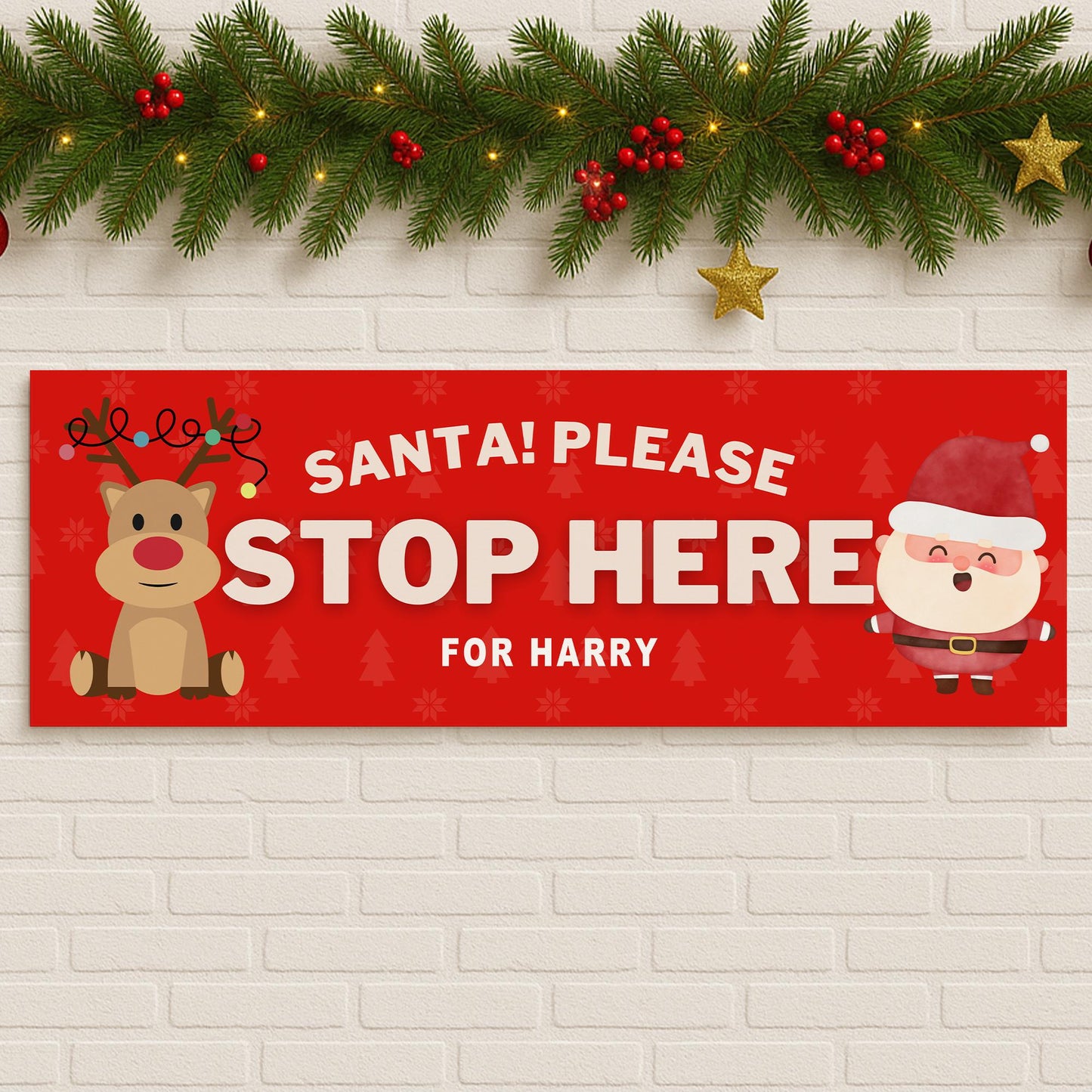 Personalised Santa Stop Here Banner  Reindeer & Santa Design  Custom Christmas Decoration for Young Kids  Up to 3 Names  Cute Xmas Gift