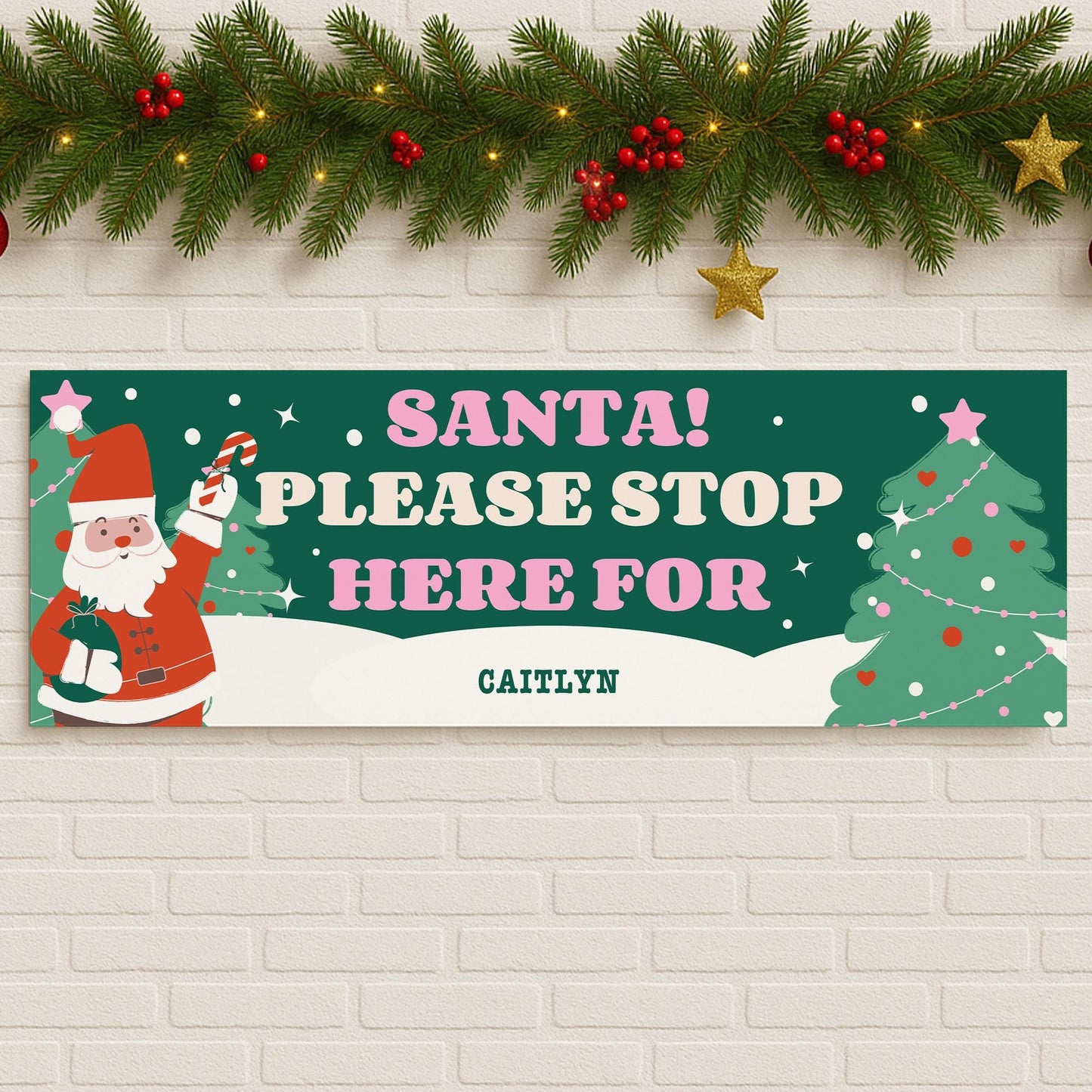 Santa Stop Here Banner  Retro Christmas Vibes  Personalised Xmas Decor  Custom Christmas Decoration for Young Kids  Up to 3 Names