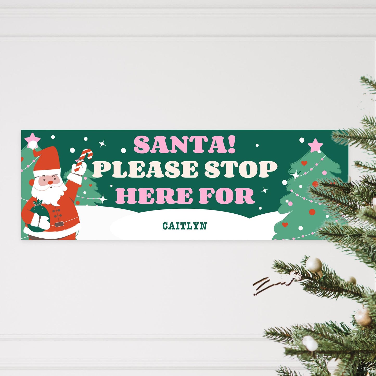 Santa Stop Here Banner  Retro Christmas Vibes  Personalised Xmas Decor  Custom Christmas Decoration for Young Kids  Up to 3 Names