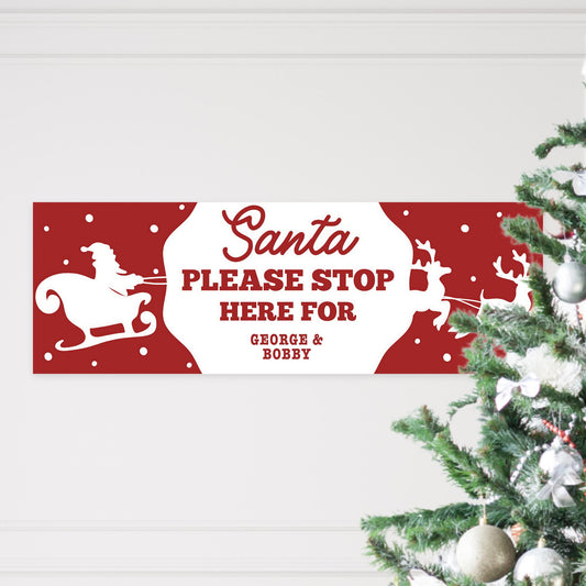 Santa Stop Here Sign Banner  Sleigh Silhouette  Personalised Xmas Decor  Custom Christmas Decoration for Young Kids  Up to 3 Names