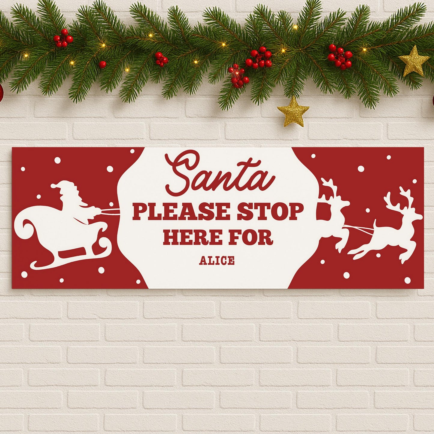 Santa Stop Here Sign Banner  Sleigh Silhouette  Personalised Xmas Decor  Custom Christmas Decoration for Young Kids  Up to 3 Names