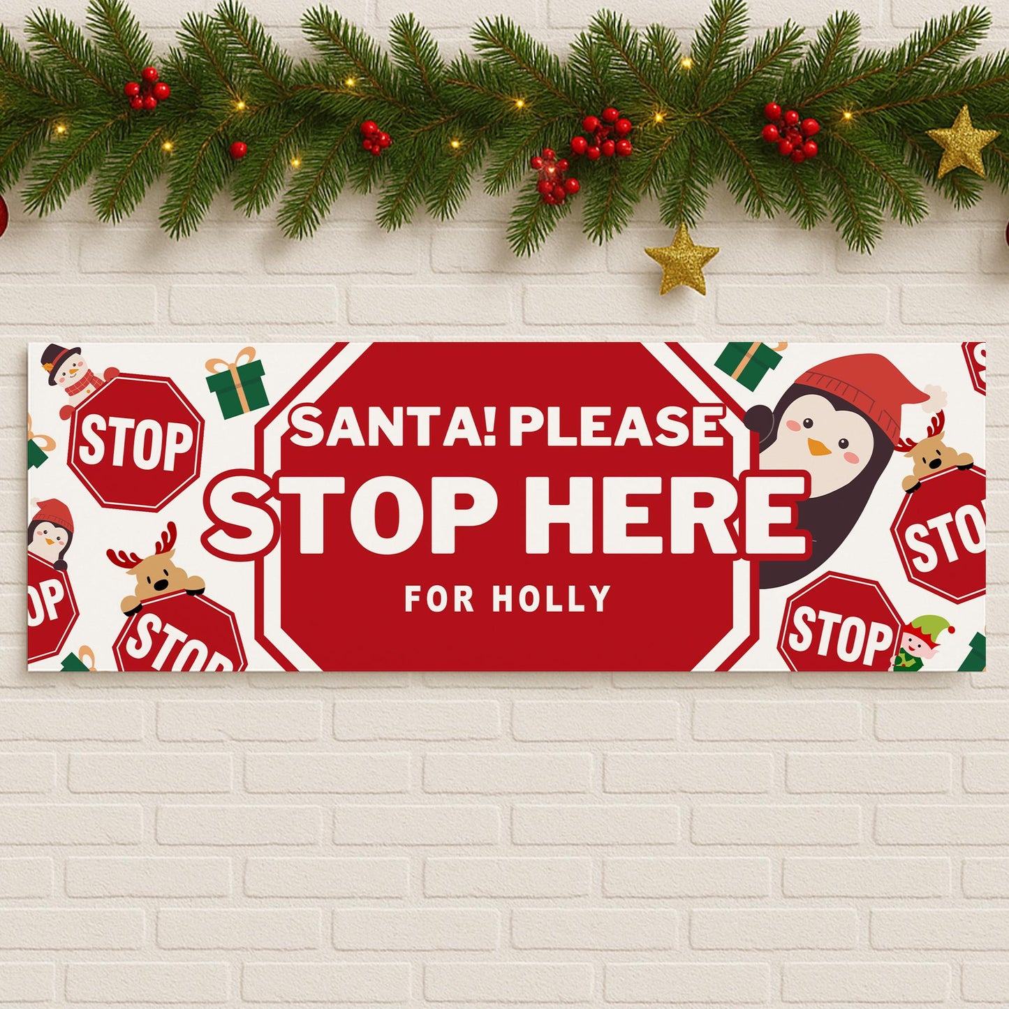 Personalised Santa Stop Here Banner  Stop Sign Design  Custom Christmas Decoration for Young Kids  Up to 3 Names  Cute Xmas Print Gift